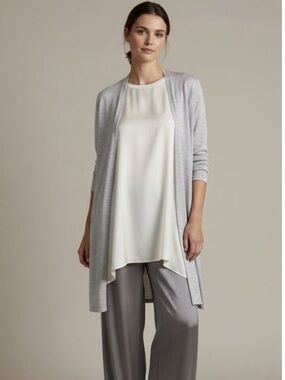 Eileen Fisher Gray Organic Cotton Blend Lightweight Open Front Long Cardigan